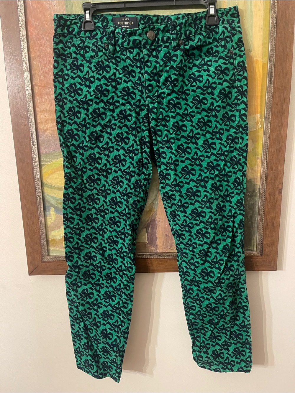 J. Crew Green and Black Skinny Corduroys with bow detail